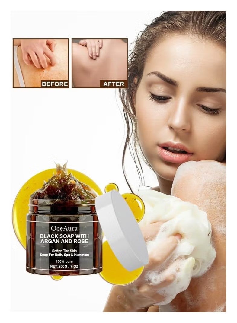 OceAura Morocco Black Beldi Soap With Argan and Rose, Argan Black Soap, Morocco Body Scrub, Body Exfoliator Scrub with Glove, Organic Cleansing, Exfoliating - Image 2