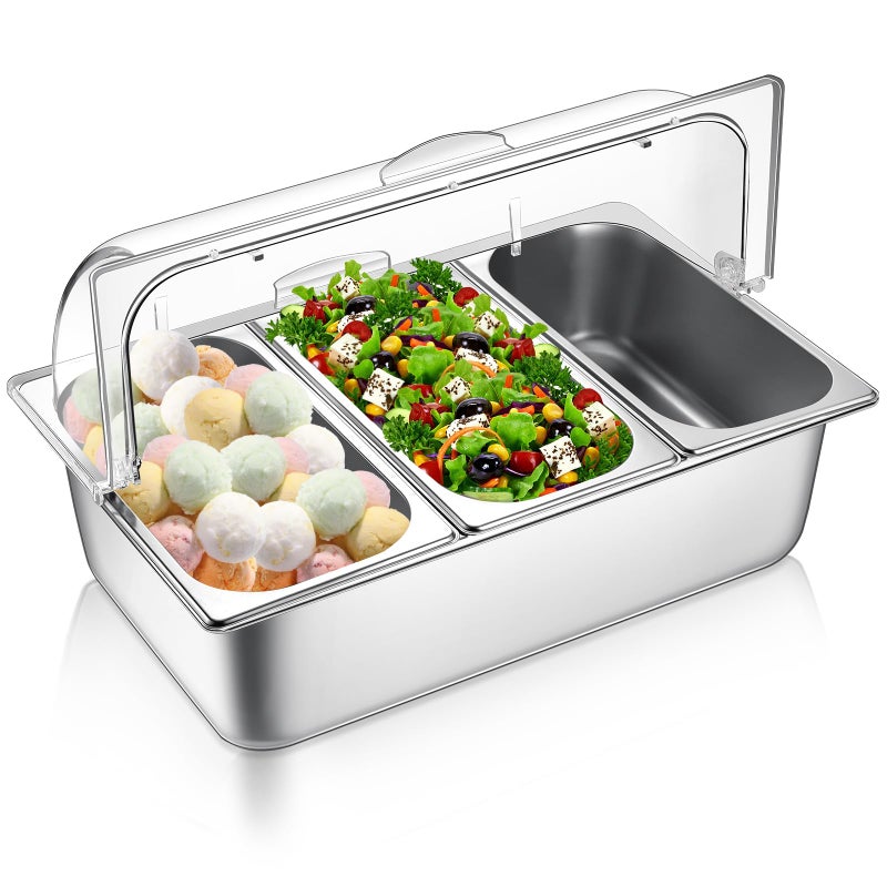 Ziliny Countertop Food Serving Display Container and Clear Roll Top Cover Stainless Steel Food Serving Tray Buffet Condiment Dispenser Display Rack for Restaurant Hotel Kitchen Party 21 x 13 x 13