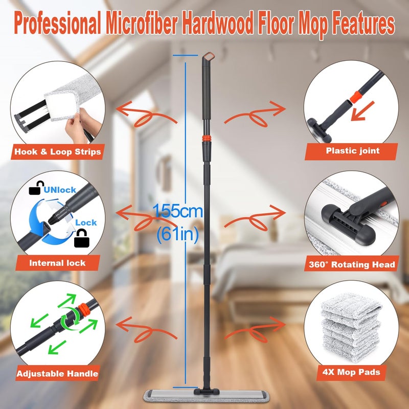 SUNKI 24inch Flat Mop for Cleaning Floors Heavy Duty Microfiber Wet Mop Deep Cleaning for Hardwood, Tile & Laminate, Includes 4 Reusable Washable Pads and Adjustable Long Handle - Image 3
