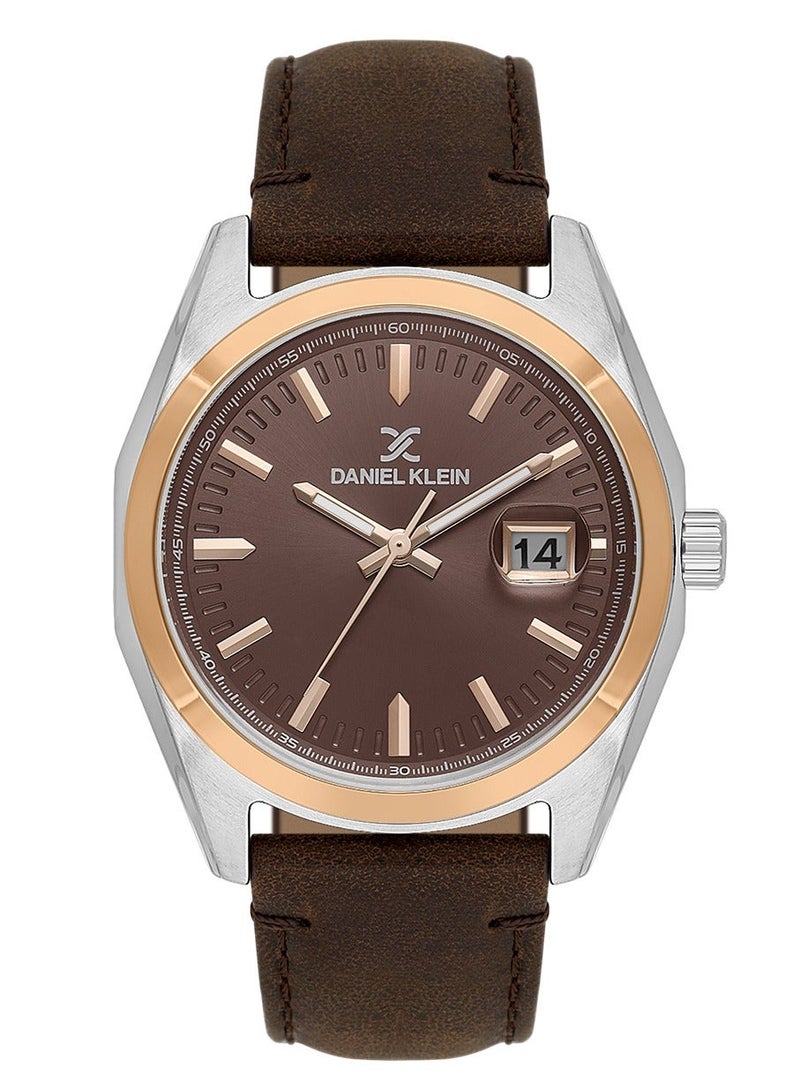 دانيل كلاين ساعة رجالية سوار جلد | هيكل من سبيكة فضي ذهبي الوردي | تناظري | قرص دائري رمادي دافئ بنمط شعاعي | حركة كوارتز يابانية | فاخرة | مقاومة للماء حتى عمق 50 مترًا - Image 1