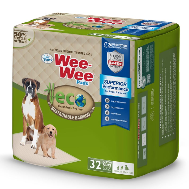 Four Paws Wee-Wee Superior Performance Bamboo Pee Pads for Dogs, Earth Friendly Dog & Puppy Potty Training Pads, Crate Liners, Housebreaking Supplies, 22" x 23" (32 Count) - Image 1