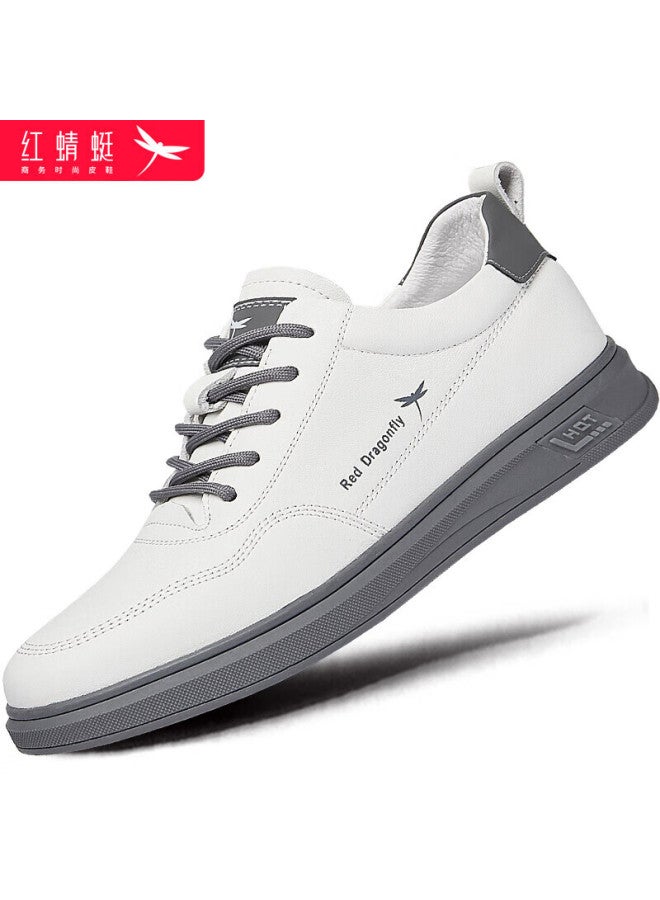 Red Dragonfly Men's Leather Shoes, Simple Classic Sneakers, Korean Style White Shoes, Flat Trendy Versatile Sports Casual Shoes For Men, C02200782, White, Size 40 - Image 1