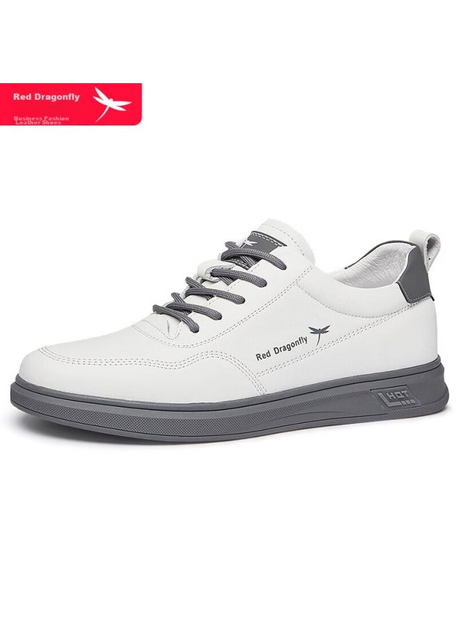 Red Dragonfly Men's Leather Shoes, Simple Classic Sneakers, Korean Style White Shoes, Flat Trendy Versatile Sports Casual Shoes For Men, C02200782, White, Size 40 - Image 2