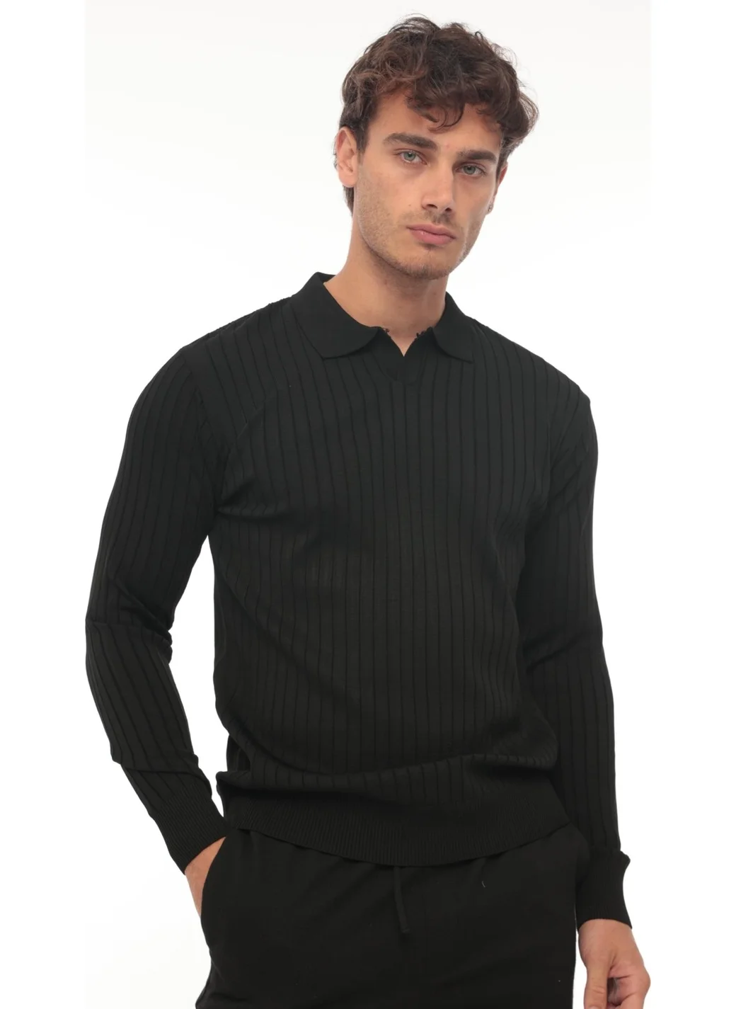 ميرون Black Ribbed Polo Neck Knitwear SWEATER-2442
