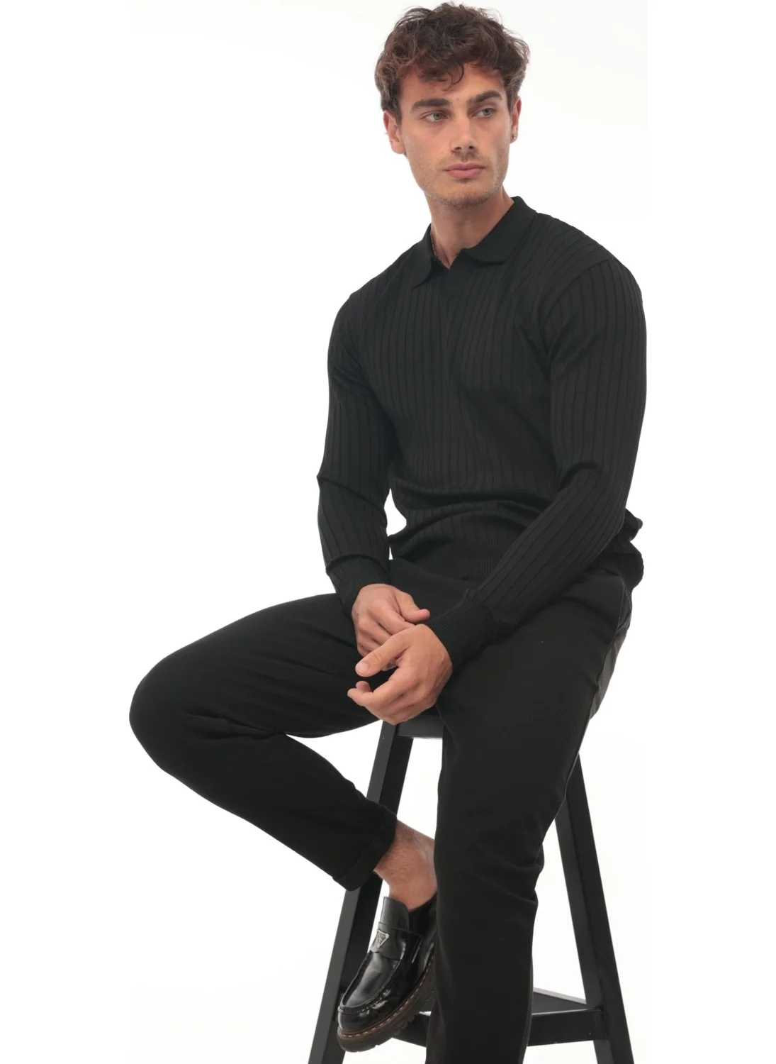 ميرون Black Ribbed Polo Neck Knitwear SWEATER-2442