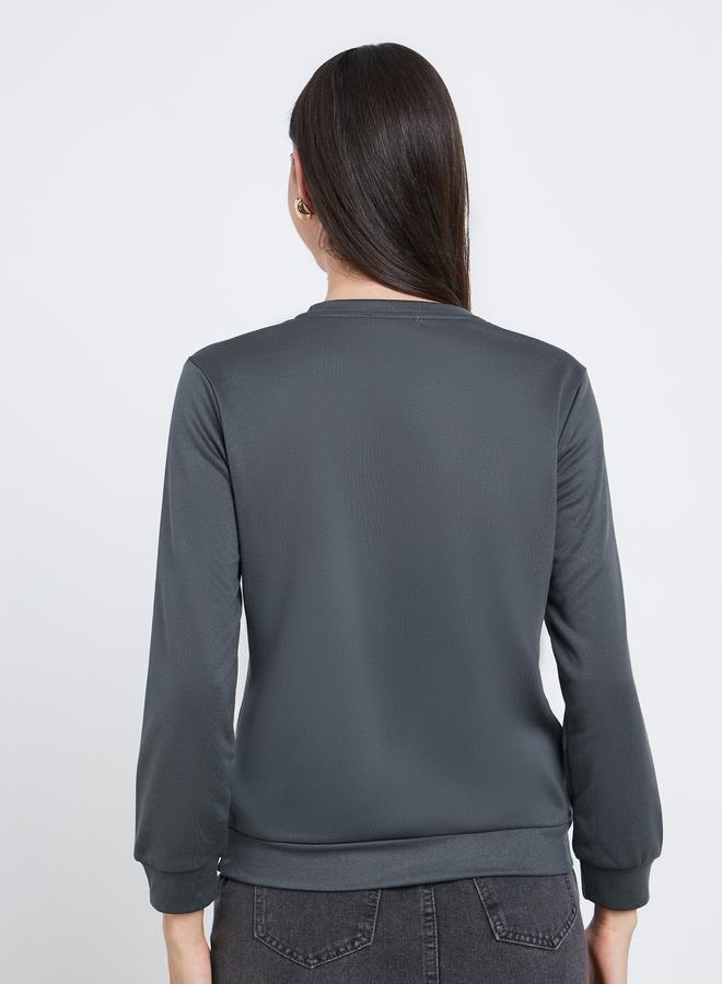 Styli Women Grey Solid Round Neck Sweatshirt - Image 4