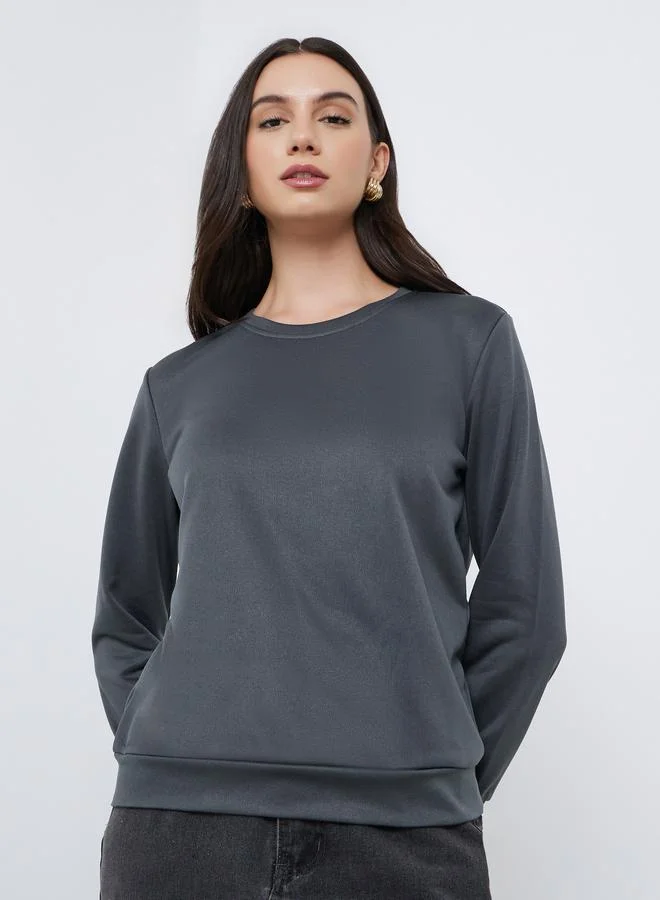 Styli Women Grey Solid Round Neck Sweatshirt