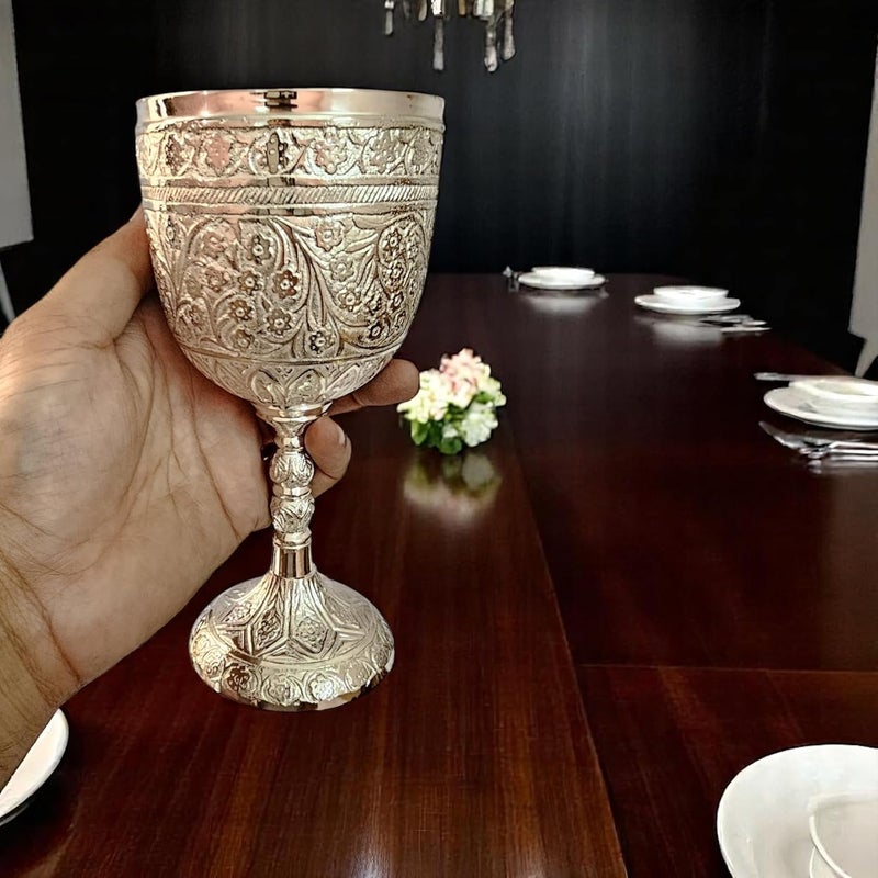 Morcomart Handcrafted Solid Brass Wine Chalice Goblet – Champagne, & Beverage – 1pc Elegant Decorative & Functional Cup for Wedding, Gift, Medieval Decor, Royal Dining (Silver) - Image 4