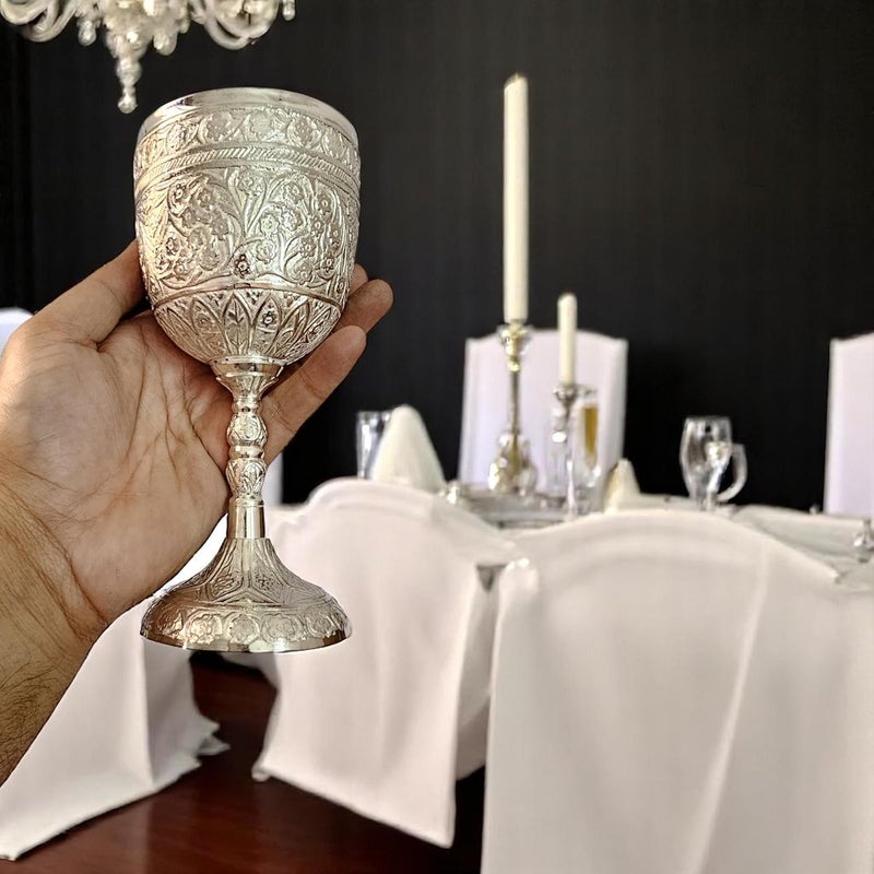 Morcomart Handcrafted Solid Brass Wine Chalice Goblet – Champagne, & Beverage – 1pc Elegant Decorative & Functional Cup for Wedding, Gift, Medieval Decor, Royal Dining (Silver) - Image 2