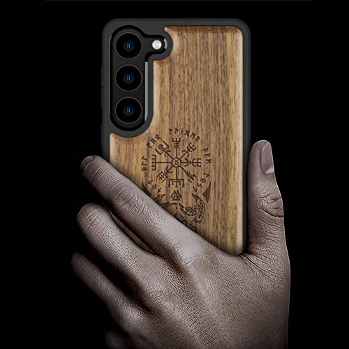Carveit Wood Case for Galaxy S23 Case [Natural Wood & Black Soft TPU] Shockproof Protective Cover Unique & Classy Wooden Design Compatible with Samsung S23 (Viking Compass-Walnut) - Image 2