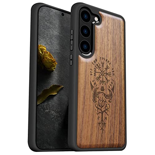 Carveit Wood Case for Galaxy S23 Case [Natural Wood & Black Soft TPU] Shockproof Protective Cover Unique & Classy Wooden Design Compatible with Samsung S23 (Viking Compass-Walnut) - Image 1