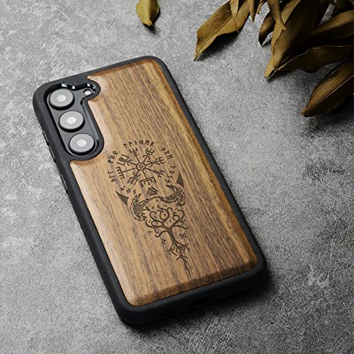 Carveit Wood Case for Galaxy S23 Case [Natural Wood & Black Soft TPU] Shockproof Protective Cover Unique & Classy Wooden Design Compatible with Samsung S23 (Viking Compass-Walnut) - Image 4