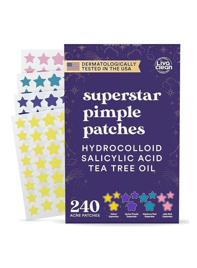 LivaClean 240 Count Mixed Colors Superstar Patches - Hydrocolloid Covers, Yellow Stars Patches, Cute Face Patch, Star Patch for Face