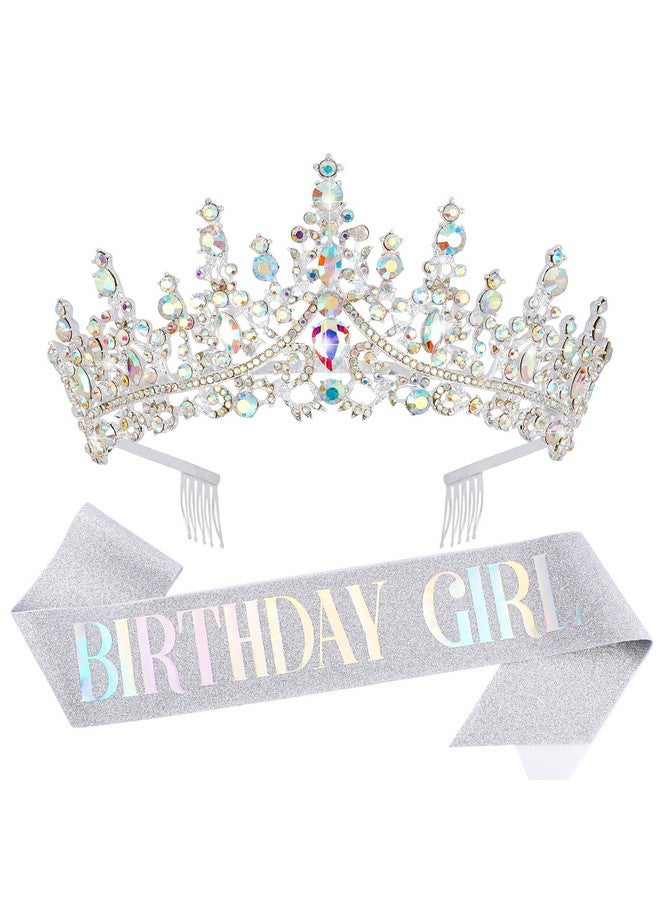 Velscrun Ab Silver Crystal Birthday Tiara Crowns For Women Girls Princess Crown With Combs Birthday Girl Headband Sash Happy Birthday Party Decorations Birthday Gift Cake Topper Hair Accessories - Image 1