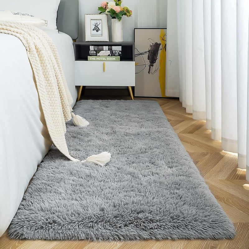 ISEAU Fluffy Runner Rug for Dorm, College, Apartment, Bedroom Plush Area Rugs, Shag Carpet with Rubber Backing Non Slip, Comfy Nursery Mat Bedside Rug for Kids Boys Room Home Decor, 2ft x 6ft, Grey - Image 1