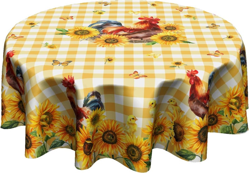 Granbey Rooster Round Tablecloth 60 Inch  Sunflower Chicken Table Cloth Farmhouse Animal Tablecloth Floral Butterfly Buffalo Plaid Table Cover for Kitchen Dining Indoor Outdoor - Image 1