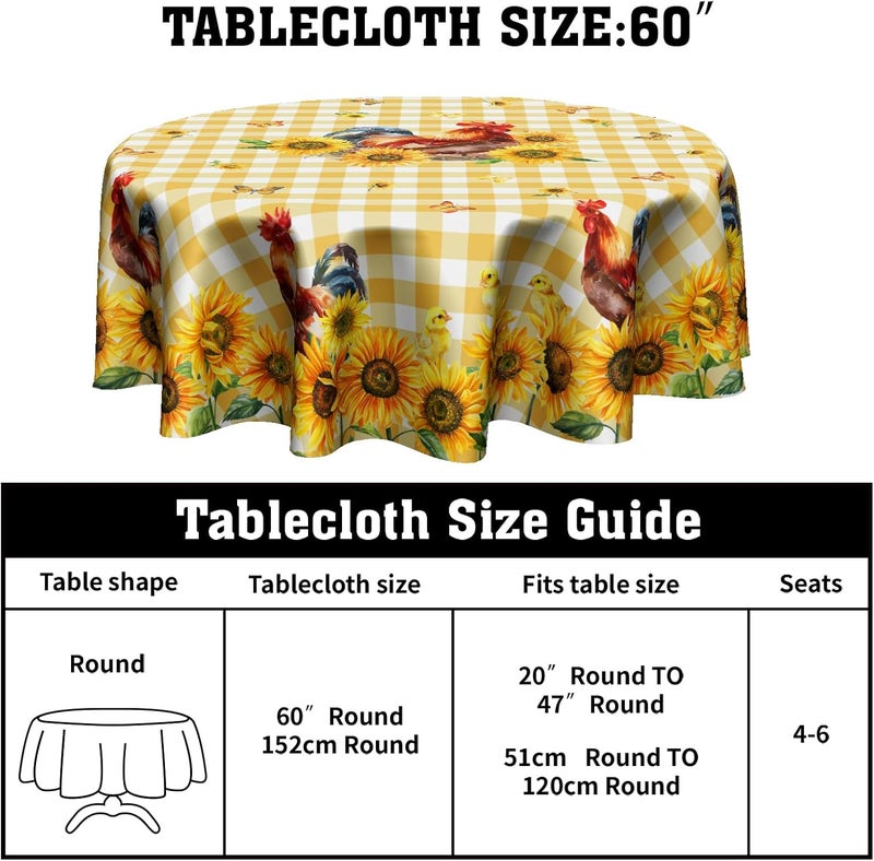 Granbey Rooster Round Tablecloth 60 Inch  Sunflower Chicken Table Cloth Farmhouse Animal Tablecloth Floral Butterfly Buffalo Plaid Table Cover for Kitchen Dining Indoor Outdoor - Image 2