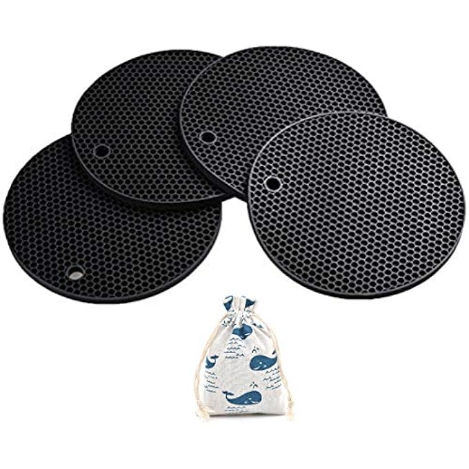 SYOSI Silicone Heat Resistant Pot Holders And Trivets Set  4 MultiPurpose Kitchen Pads For Hot Dishes Jar Opener Spoon Holder And Oven Mitts  Black Color - Image 1