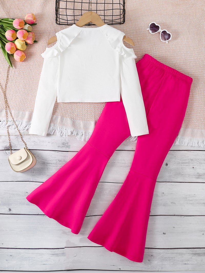 Two-Piece Girl'S Autumn Round Neck Shoulder Short Top Horn Pants Suit - Image 3