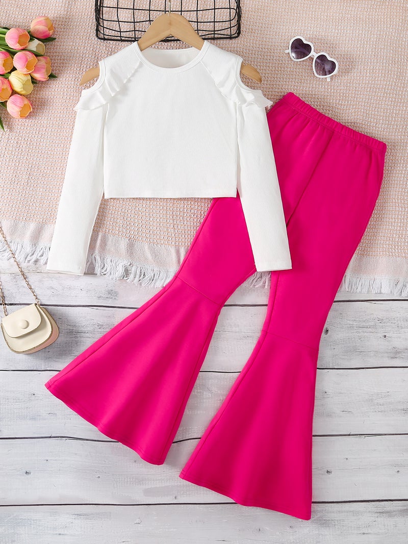 Two-Piece Girl'S Autumn Round Neck Shoulder Short Top Horn Pants Suit - Image 1