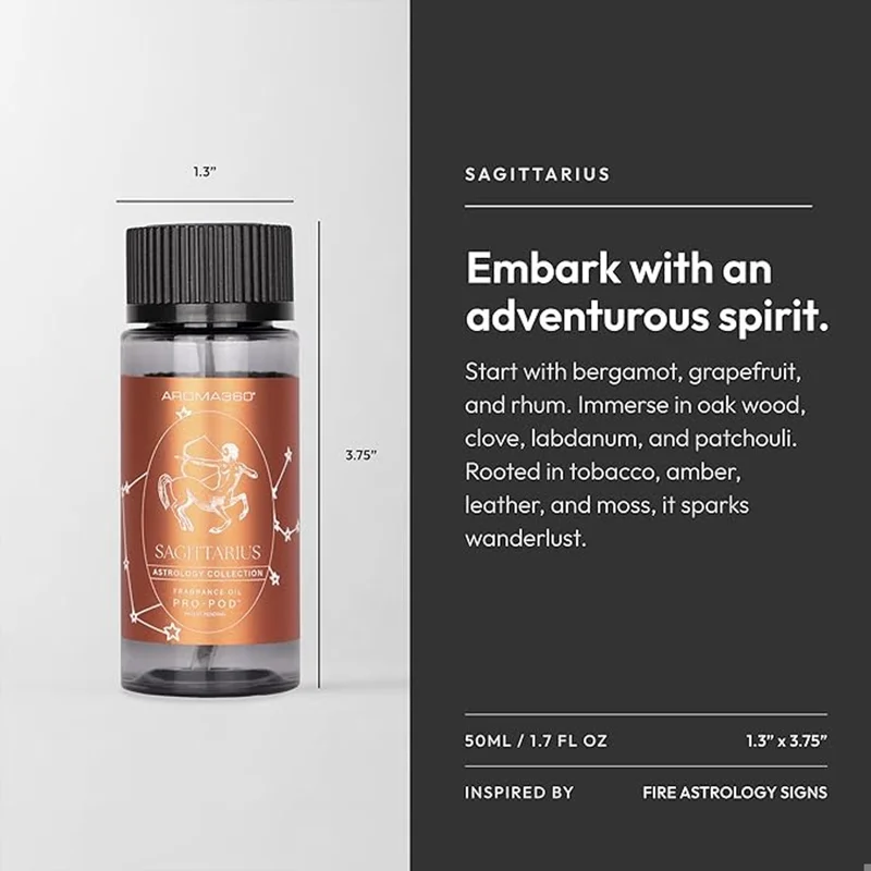 أروما 360  Sagittarius Pro-Pod Oil Blend - Astrology Inspired for Luxury Essential Oil Diffusers - Aromatherapy Scent Diffuser Oil - Rhum, Clove, and Moss  - 50 mL, 1.7 fl oz