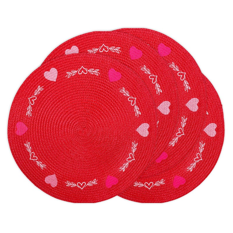 Whaline 4Pcs Round Valentine's Day Placemats Embroidered Place Mats Red Pink Heart Dinner Table Mats for Home Wedding Anniversary Party Table Decor - Image 1