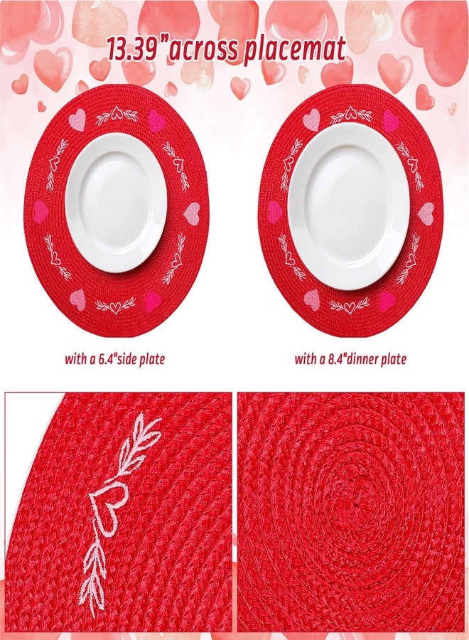 Whaline 4Pcs Round Valentine's Day Placemats Embroidered Place Mats Red Pink Heart Dinner Table Mats for Home Wedding Anniversary Party Table Decor - Image 2