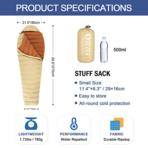 QEZER Ultralight Down Sleeping Bag for Adults 3661 Degree F with 600 Fill Power Compact Three Season Sleeping Bag for Backpacking Hiking and Camping - Image 3