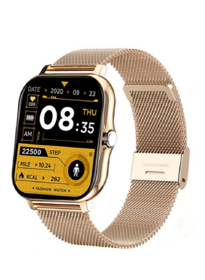 AROAQ Y13 Smart Watch 1.7 Inch HD Touch Screen, IP67 Waterproof, BP & SpO2 Monitoring, Heart Rate, Sleep & Fitness Tracker, Bluetooth Calls, Sports Modes – Mesh Steel Strap , Gold - Image 1