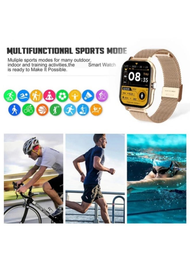 AROAQ Y13 Smart Watch 1.7 Inch HD Touch Screen, IP67 Waterproof, BP & SpO2 Monitoring, Heart Rate, Sleep & Fitness Tracker, Bluetooth Calls, Sports Modes – Mesh Steel Strap , Gold - Image 2