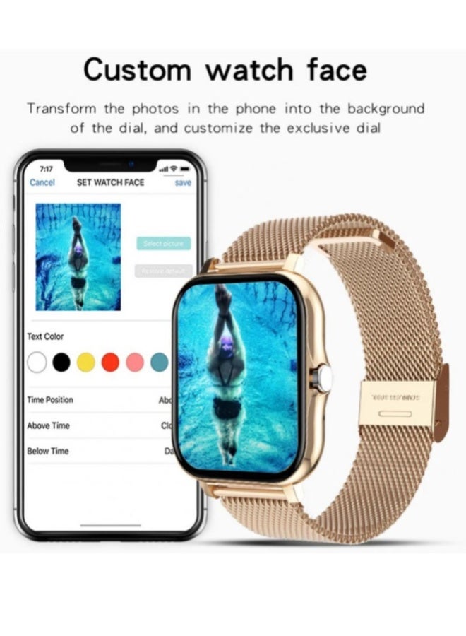 AROAQ Y13 Smart Watch 1.7 Inch HD Touch Screen, IP67 Waterproof, BP & SpO2 Monitoring, Heart Rate, Sleep & Fitness Tracker, Bluetooth Calls, Sports Modes – Mesh Steel Strap , Gold - Image 3