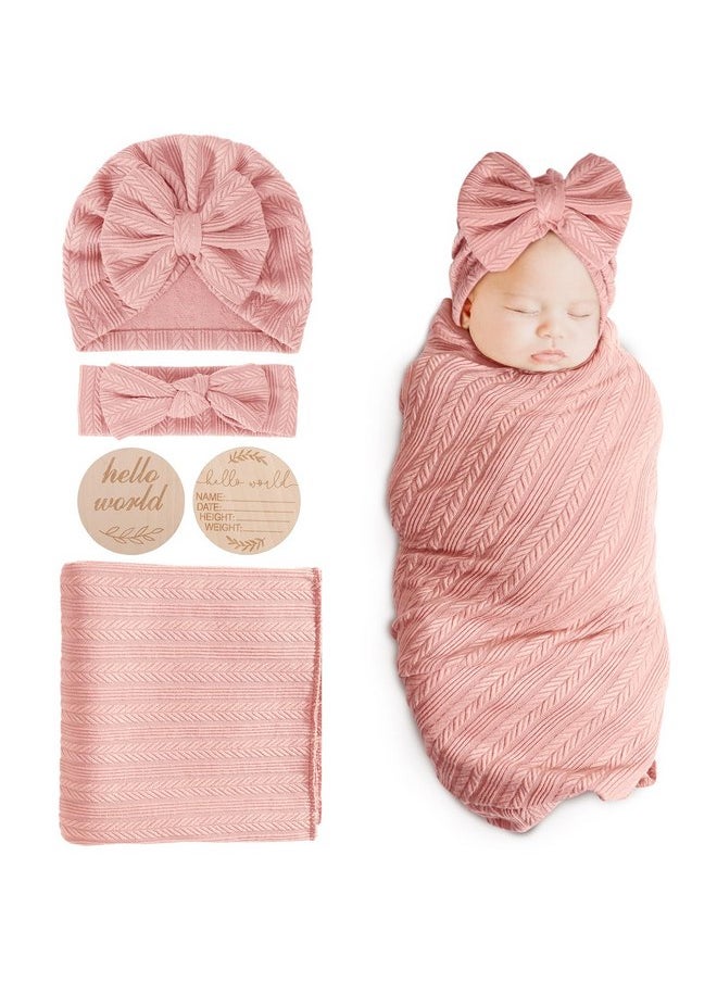 DRESHOW DRESHOW BQUBO Baby Swaddle Blankets for Girls, 4PCS Newborn Accessories Set with Matching Hat and Bow Headband with Card  - Image 1