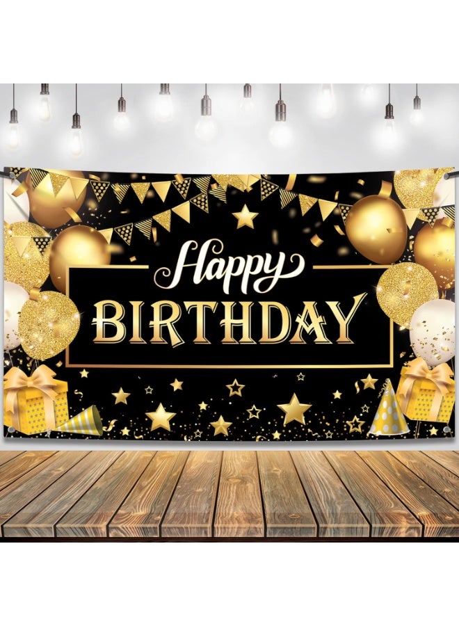 KATCHON Happy Birthday Banner Black and Gold - Large 72x44 Inch | Happy Birthday Decorations for Men and Women | Black and Gold Birthday Backdrop | Birthday Party Decorations for Men & Women - Image 1