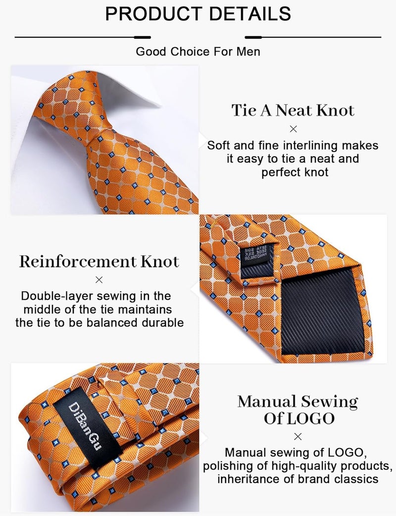 DiBanGu Plaid Ties for Men Silk Checkered Necktie and Pocket Square Cufflinks Tie Clip Set with Gift Box for Wedding Business - Image 5