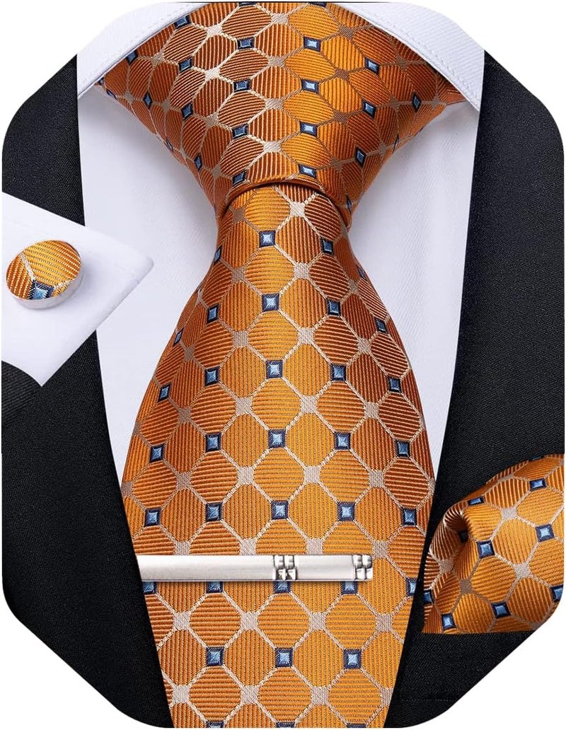 DiBanGu Plaid Ties for Men Silk Checkered Necktie and Pocket Square Cufflinks Tie Clip Set with Gift Box for Wedding Business - Image 1
