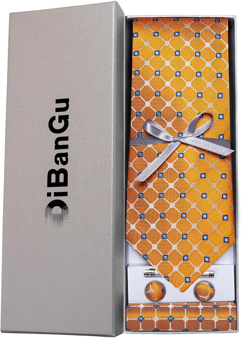 DiBanGu Plaid Ties for Men Silk Checkered Necktie and Pocket Square Cufflinks Tie Clip Set with Gift Box for Wedding Business - Image 4