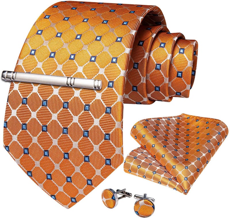 DiBanGu Plaid Ties for Men Silk Checkered Necktie and Pocket Square Cufflinks Tie Clip Set with Gift Box for Wedding Business - Image 3