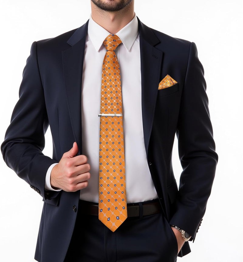 DiBanGu Plaid Ties for Men Silk Checkered Necktie and Pocket Square Cufflinks Tie Clip Set with Gift Box for Wedding Business - Image 2
