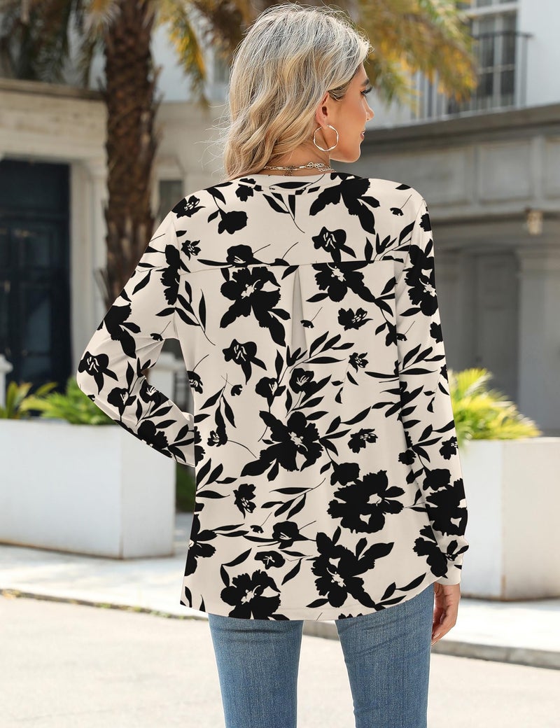 Micoson Womens Tops Dressy Casual Business Work Tunic Tops Long Sleeve V Neck Pleated Shirts 2024 Trendy Fall Outfits Black Floral XXL - Image 3