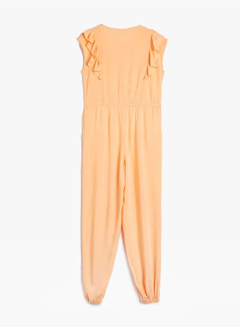 كوتون Jumpsuit Sleeveless Ruffle Pocket Detail Viscose Fabric