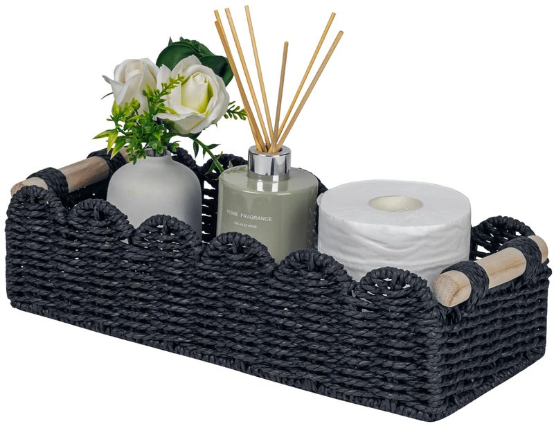 CubesLand Toilet Paper Storage Basket Scalloped Edge Home Decor Basket, Living Room Cozy Decor, Paper Rope Small Baskets for Over Toilet Storage Shelf, End Table, Shelves, with 2 Wooden Handles, Black - Image 1
