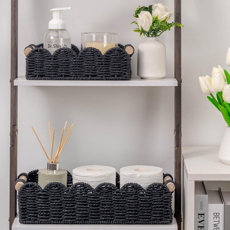 CubesLand Toilet Paper Storage Basket Scalloped Edge Home Decor Basket, Living Room Cozy Decor, Paper Rope Small Baskets for Over Toilet Storage Shelf, End Table, Shelves, with 2 Wooden Handles, Black - Image 4