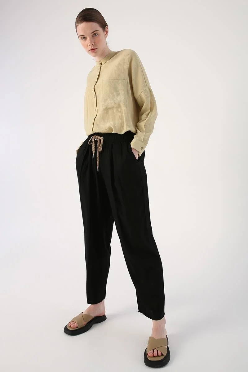 Allday Black-Elastic Waist Wide Leg Trousers