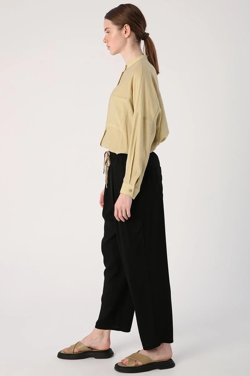 Allday Black-Elastic Waist Wide Leg Trousers