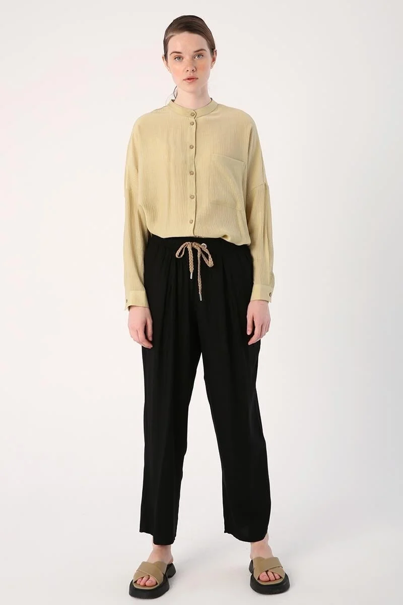 Allday Black-Elastic Waist Wide Leg Trousers