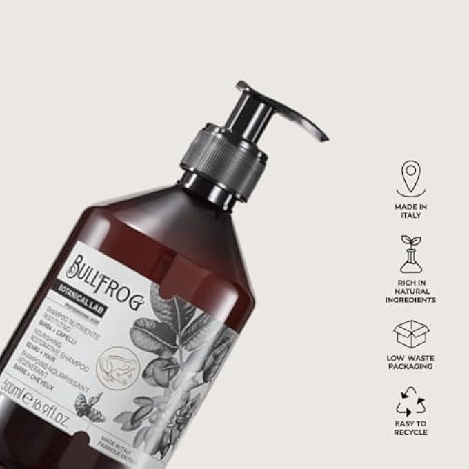 BullFrog RESTORATIVE NOURISHING SHAMPOO FOR HAIR AND BEARD - SOOTHING AND REVITALIZING PROPERTIES - SWEET AND GREEDY NOTES - MADE IN ITALY - 500 ML - Image 3