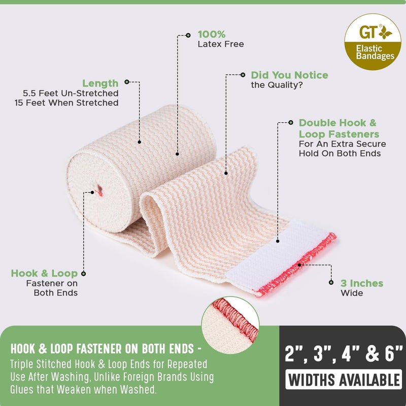 GT Premium Elastic Bandage Wrap (3" 2 Pack) - Hook & Loop Fasteners at Both Ends - Latex Free Hypoallergenic Compression Roll - Reusable Bandages for Waist, Legs, Elbow & Knee Wrap - Image 5
