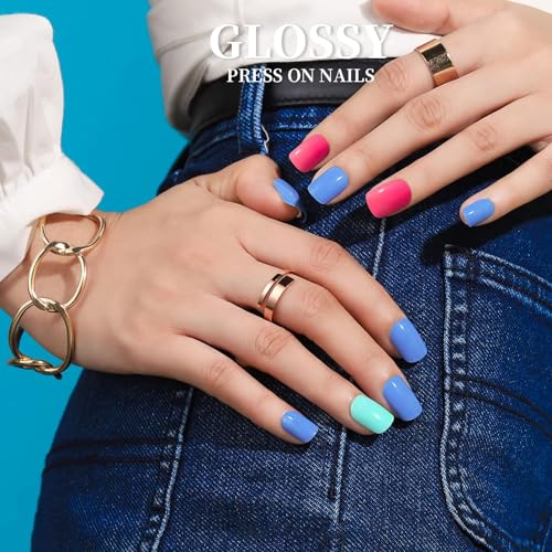 Massmot 24 Color Press On Nails Sets, 576Pcs Glossy Colored Straight Fake Nails, Full Cover Artificial Fingernails Acrylic Tips Manicure Design Decor for Women Girls DIY Nail (Short Round Shape) - Image 4