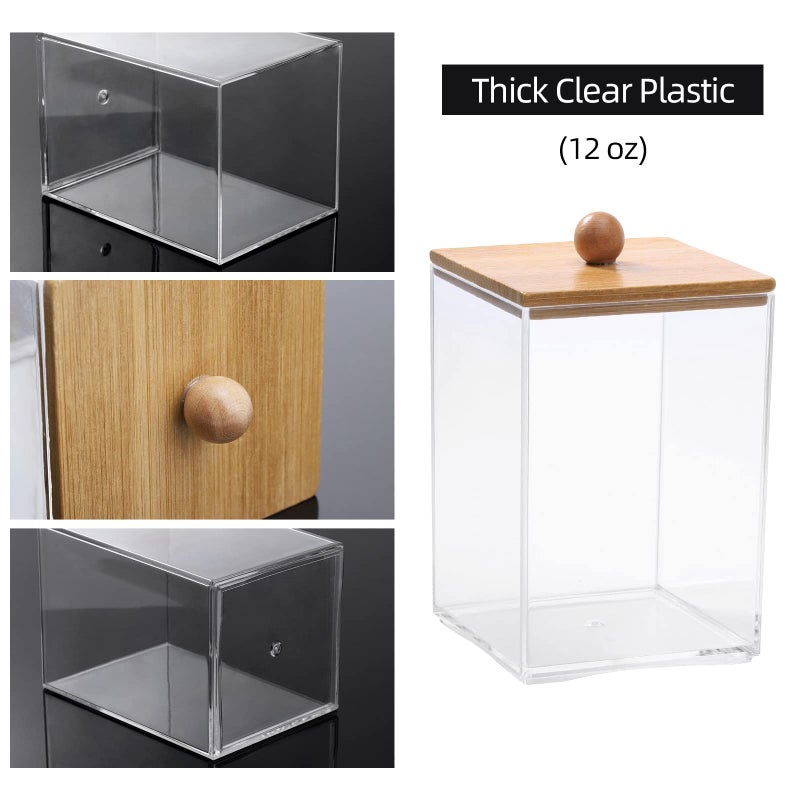 Tbestmax 3 Pack Square Qtip Holder - 12 oz Bathroom Organizers and Storage Containers, Plastic Apothecary Jars with Bamboo Lids for Cotton Ball, Cotton Swab, Floss - Image 4