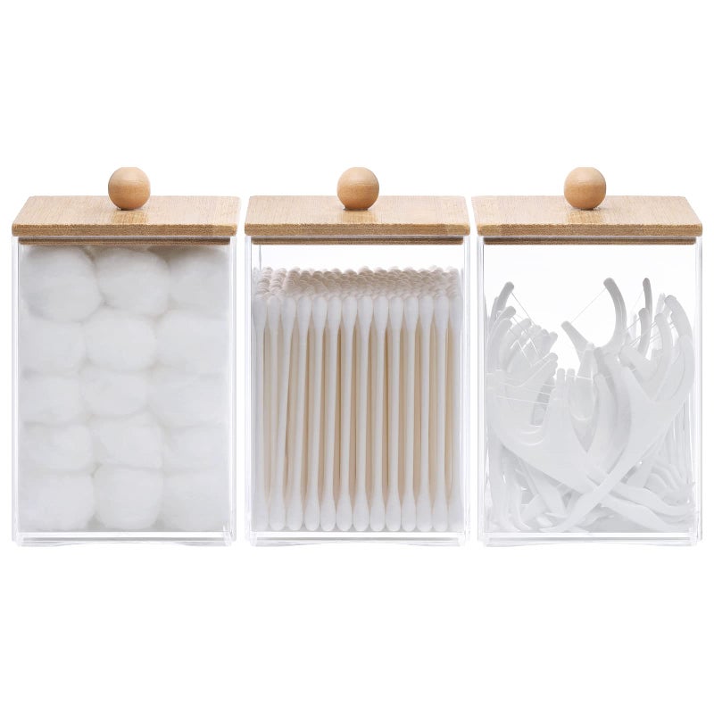 Tbestmax 3 Pack Square Qtip Holder - 12 oz Bathroom Organizers and Storage Containers, Plastic Apothecary Jars with Bamboo Lids for Cotton Ball, Cotton Swab, Floss - Image 1